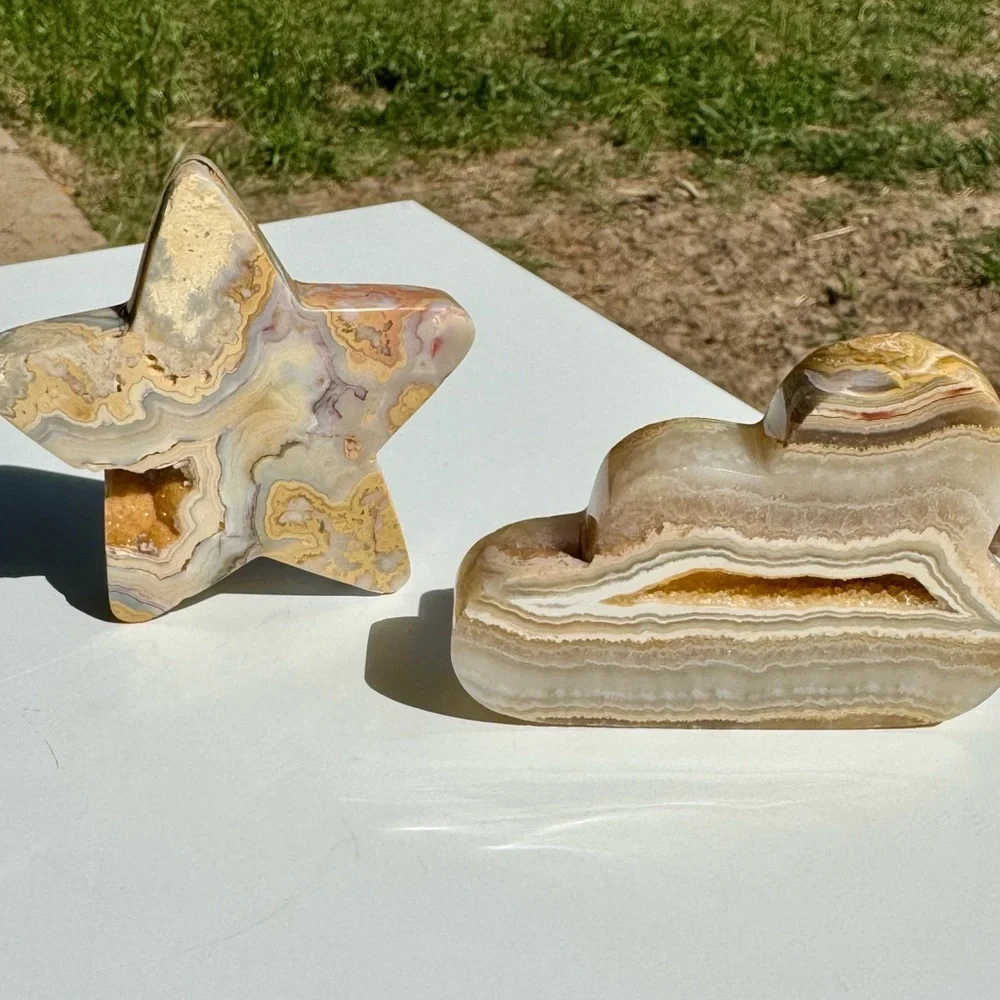 Yellow Crazy Lace Agate Moon & Star w/ Druzy - Picture 1 of 5